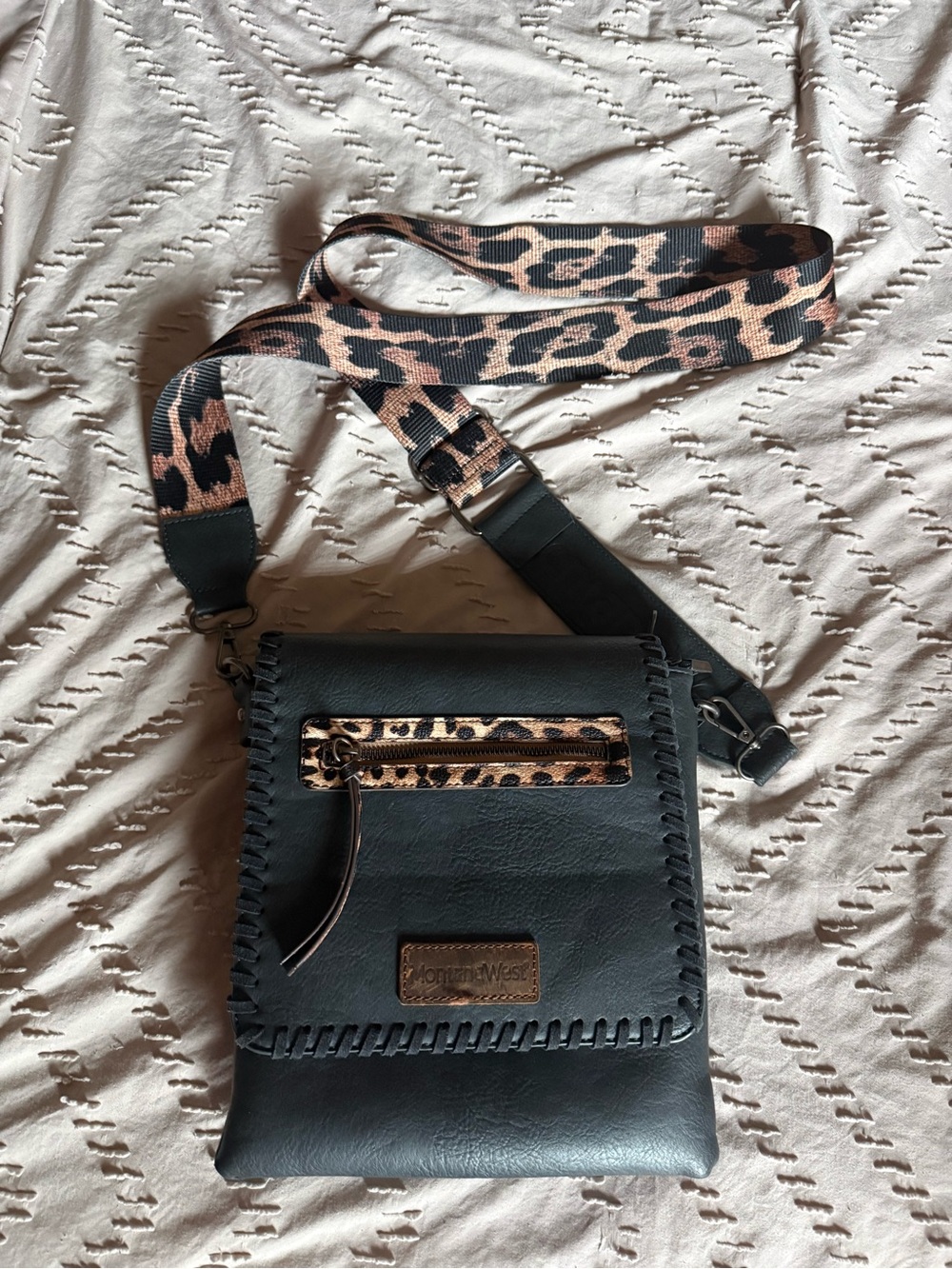 Montana West Black Crossbody with Leopard-Print Strap